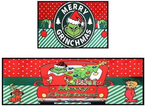 EOHX Kitchen Rugs Kitchen Mat Set of 2, Grinch Christmas DecorationRugs, Non Slip Absorbent Kitchen Mats for Floor Washable Runner Rug for Sink(Merry Christmas)