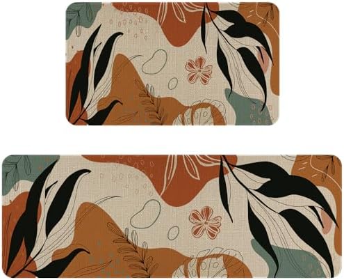 Eikunn Boho Mid Century Modern Kitchen Rugs and Mats Set of 2,Farmhouse Style Abstract Tropical Leaf Kitchen Mat for Floor,Non-Slip Washable Kitchen Sink Mats Decor Doormat+Runner Rug