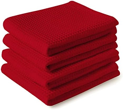 Encasa Homes Anti-Odour Waffle Kitchen Dish Towels, 18 x 28 inch (4 Pc Set) Highly Absorbent, Tea Towels for Cleaning & Quick Drying, Eco-Friendly Cotton - Red