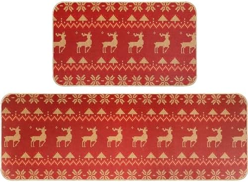 Erweicet Christmas Kitchen Rug Sets 2 Piece Christmas Elk Waterproof Non-Slip Kitchen Mats and Rugs Winter Christmas Doormat Rubber Back Low-Profile Merry Christmas Home Decorations Kitchen Mats