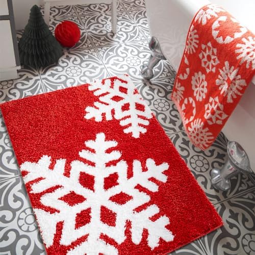 Estmy Red Snowflake Joy Christmas Rug 2x3, Plush Soft Cute Winter Seasonal Christmas Bathroom Rugs Non Slip Kitchen Rug Machine Washable, Christmas Accent Small Throw Rugs for Entryway Indoor Doormat