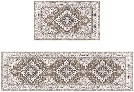 FOBIG Kitchen Rugs, Washable Kitchen Mats for Floor, Non Slip Boho Kitchen Runner Rug, Cushioned Vintage Soft Kitchen Rugs,for Office, Home,Laundry-EDCF01（29.5"x17" + 47”x17）