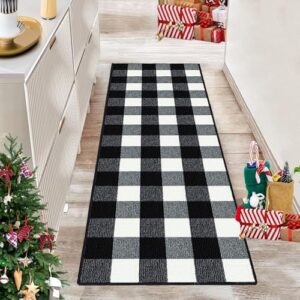 FONEYI Buffalo Plaid Check Rug Runner, Runner Rugs 2'x6' Non-Slip Rubber Backing, Machine Washable Black and White Rug, Indoor Outdoor Checkered Mats for Hallway/Kitchen/Laundry Room/Doorway/Bedroom