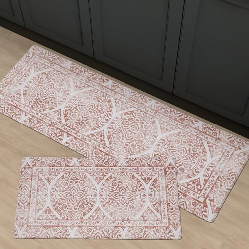 FRESHMINT 2 Piece Set Boho Kitchen Mats for Floor Bohemian Distressed Anti Fatigue Kitchen Rugs Vintage Farmhouse Cushioned Kitchen Runners for Standing Waterproof & Non-Skid Comfort, Terracotta