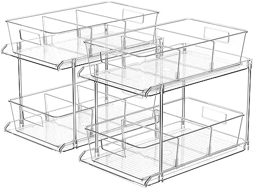 Fabspace Pull-out Home Organizer, 2 Pack 2 Tier Clear Bathroom Organizer with Dividers, Multipurpose Vanity Counter Tray, Kitchen, Closet Organizers, Cabinet & Storage Container Bins