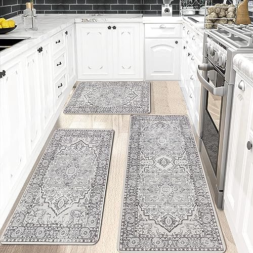 Falflor Vintage Kitchen Rug Sets of 3 Non Slip Kitchen Rug Sets Washable Kitchen Rug and Mats Farmhouse Floor Carpets for Kitchen Entryway Laundry Room Bathroom