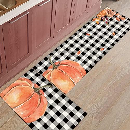 Fall Pumpkin Plaid 2Pcs Kitchen Rugs Anti Fatigue Kitchen Mat Non Slip Rug Runner Comfort Standing Floor Mats Kitchen Carpet Set for Sink Laundry - Thanksgiving Watercolor Pumpkin Black Buffalo Plaid