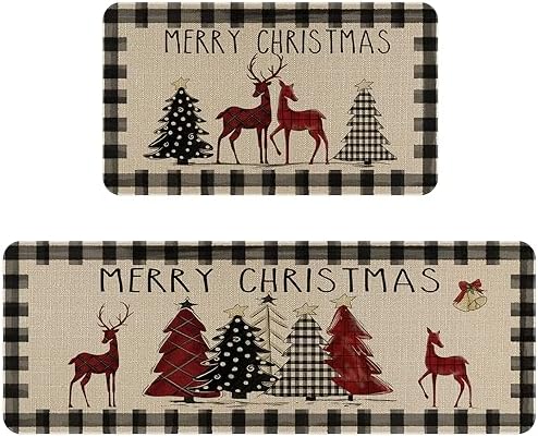 Faptoena Christmas Kitchen Rugs and Mats Set of 2,Christmas Tree Kitchen mat for Floor Winter Waterproof Runner Rug for Sink、Laundry Room Christmas Kitchen Decorations