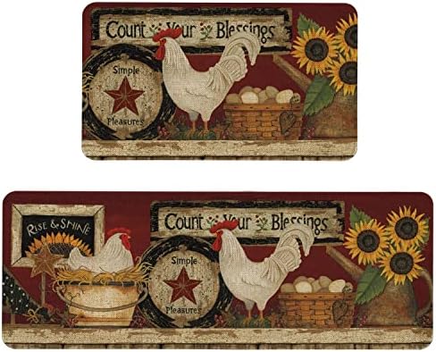 Farmhouse Kitchen Rugs and Mats Set of 2, Farm Rooster Kitchen Mat, Seasonal Holiday Cooking Sets Washable Non-Slip Floor Mats for Home Kitchen Decor - 17x29 and 17x47 Inch