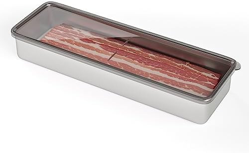 Freshmage Bacon Container for Refrigerator, 304 Stainless Steel Airtight Deli Meat Storage Containers for Fridge Dishwasher Safe Long Kitchen Food Storage Containers with Lids with Elevated Base…