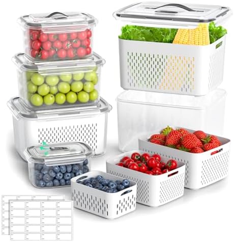 Fruit Storage Containers for Fridge - 5 Size Food Storage Containers for Refrigerator Organizers Bins with Colander Set, Clear Lettuce Keeper with Lids and Handle, Ideal Vegetable Storage Bins