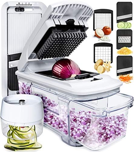 Fullstar All-in-1 Vegetable Chopper, Mandoline Slicer & Cheese Grater - Multi Blade French Fry Cutter & Veggie Dicer - Includes Bonus Handheld Spiralizer & Kitchen Gadgets (5 in 1, Black/White)