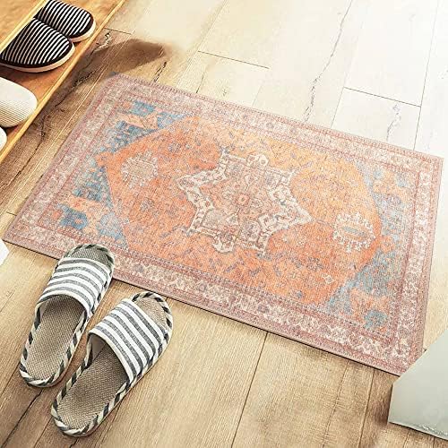 GLN Rugs Stain Resistant Machine Washable Area Rug - Vintage Boho Distressed Aesthetic - Non-Slip Backing - Indoor Floor Home Decor for Bedroom Kitchen Living & Dining Room (2' x 3')