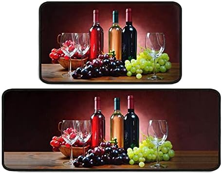 Ghroiep 2 Piece Red Wine Kitchen Rug Set, 3D Wine Glasses Kitchen Rugs and Mats Non Skid Washable Absorbent Microfiber Kitchen Floor Decor Mat 17"x47"+17"x30"