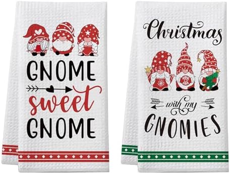 Gnome Christmas Kitchen Towels, 2 Pack Funny Holiday Dish Towels, Christmas Collection Gnome Gift, Gnome Sweet Gnome Hand Towels, Cute Christmas Kitchen Bathroom Decorations, White Elephant Gifts