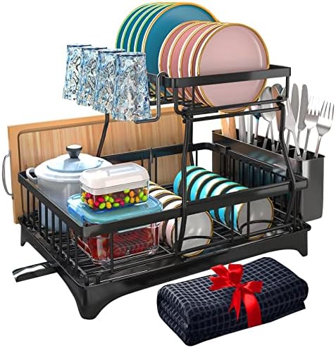 Godboat Dish Drying Rack with Drainboard, 2-Tier Dish Racks for Kitchen Counter, Dish Drainer Set with Utensils Holder, Large Capacity Dish Strainers with Extra Drying Mat (Black)