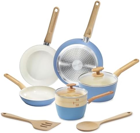 GoodCook 10-Piece Healthy Ceramic Titanium-Infused Induction Cookware Set with Pots, Pans, Steamer, Spoon, and Turner, Nonstick Pots and Pans Set for Kitchen, Light Blue