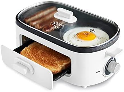 GreenLife 3-in-1 Breakfast Maker Station, Healthy Ceramic Nonstick Dual Griddles for Eggs Meat Sausage Bacon Pancakes and Breakfast Sandwiches, 2 Slice Toast Drawer, Easy-to-use Timer, White