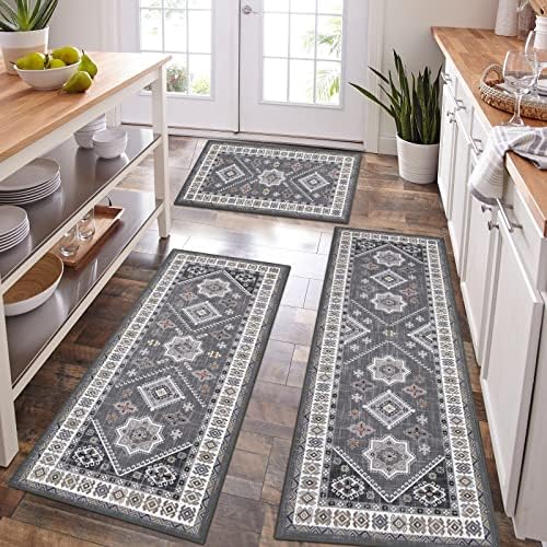 HEBE Boho Kitchen Rug Sets 3 Piece with Runner Bohemian Rugs and Mats Non Skid for Floor Washable Mat Hallway Holiday Decor