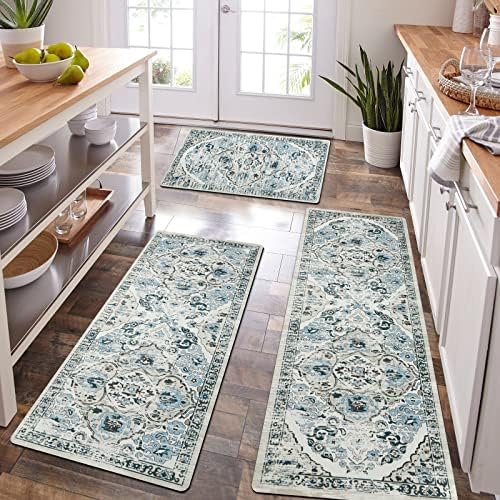 HEBE Boho Kitchen Rug Sets 3 Piece with Runner Farmhouse Rubber Kitchen Mats for Floor Non Slip Washable Thin Kitchen Area Rug Floor Mat Waterproof Hallway Laundry Room Runner Rug