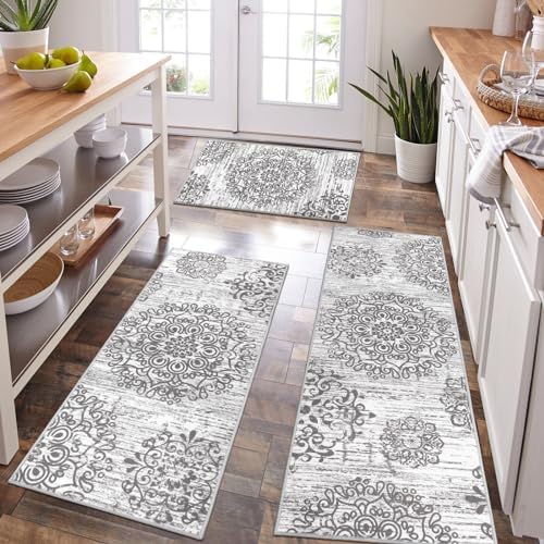 HEBE Boho Kitchen Rugs Sets of 3 Non Slip Kitchen Mats for Floor Washable Kitchen Rugs and Mats Farmhouse Kitchen Runner Rug Vintage Kitchen Carpet Runner Rugs for Kitchen Floor