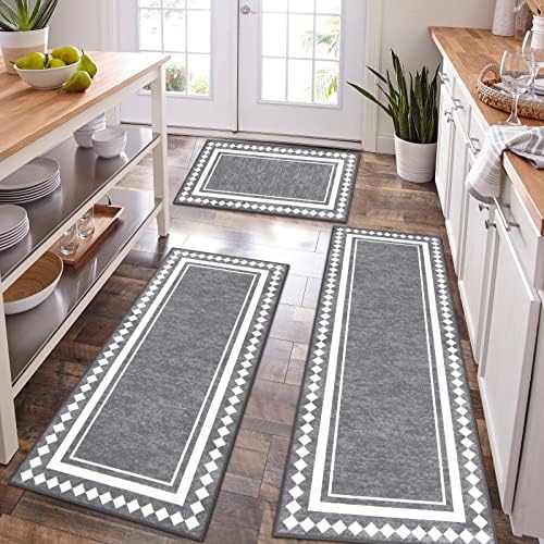 HEBE Kitchen Rug Sets 3 Piece with Runner Non Slip Kitchen Rugs and Mats Washable Kitchen Mats for Floor Low Pile Entrance Doormat Carpet Runner Rugs for Hallways Kitchen Laundry Room