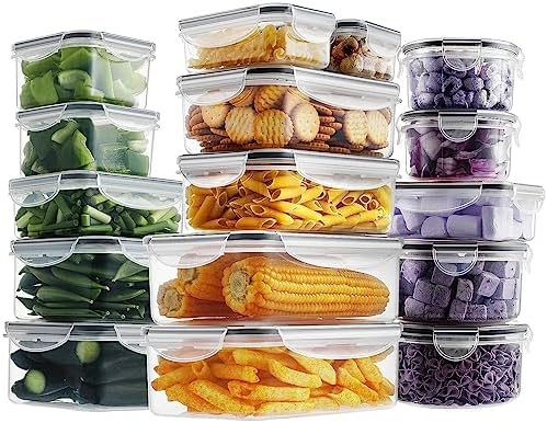 HOMBERKING 32 Pieces Food Storage Containers Set with Snap Lids (16 Lids + 16 Containers), Meal Prep Airtight Plastic Containers, BPA-Free Lunch Containers for Kitchen, Pantry, Home, Black