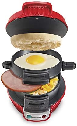 Hamilton Beach Breakfast Sandwich Maker with Egg Cooker Ring, Customize Ingredients, Perfect for English Muffins, Croissants, Mini Waffles, Perfect White Elephant Gifts, Red (25476)