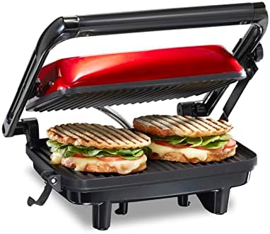 Hamilton Beach Panini Press Sandwich Maker & Electric Indoor Grill with Locking Lid, Opens 180 Degrees for any Thickness for Quesadillas, Burgers & More, Nonstick 8" x 10" Grids, Red (25462Z)