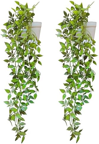 Hanging Artificial Trailing Fake Plants Set of 2 Lifelike in Elegant White Pots Chic Room Decor for Home Kitchen Garden Office Shelf Wall Indoor and Outdoor Pot Decoration