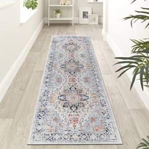 Homcomoda Vintage Runner Rugs with Rubber Backing 2'x7' Non-Slip Hallway Runner Rug Blue Kitchen Runner Rug Washable Low Pile Carpet Runner for Hallway Kitchen Entrance Laundry