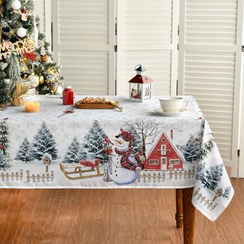 Horaldaily Christmas Tablecloth 60×104 Inch Rectangular, Winter Snowman House Christmas Trees Whirte Washable Table Cover for Party Picnic Dinner Decor