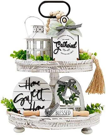 Houmury Set of 16 Farmhouse Tiered Tray Decor with 1 Lantern Artificial Plant& Cutting Board Sign for Rustic Home Sweet Home Kitchen Decor Tier Tray Decor Set