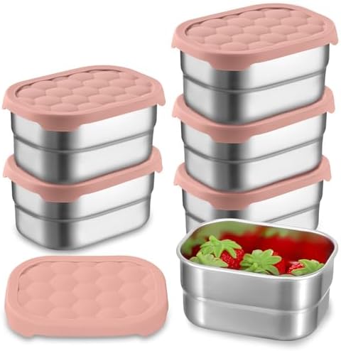 Hsei 6 Pcs Stainless Steel Snack Containers for Kids, 8oz Food Containers with Silicone Lids Portable Reusable Metal Toddler Lunch Box for Daycare and School Storage Supplies (Pink)