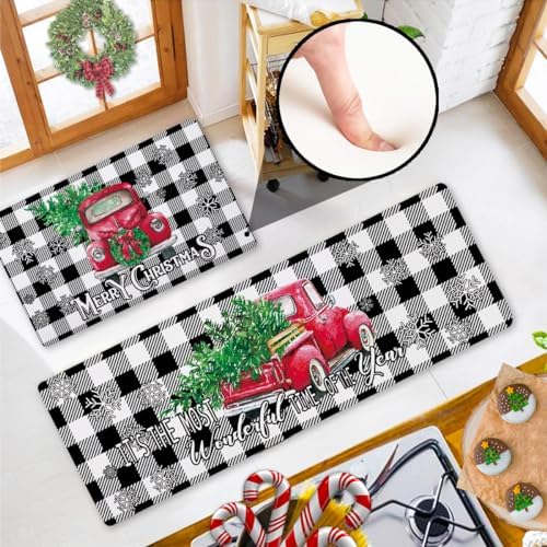 INFISIBLE Black and White Buffalo Plaid Christmas Kitchen Rugs, Non Slip Christmas Anti Fatigue Kitchen Mats Set of 2, Red Truck Christmas Decorations Cushioned Kitchen Rug for Floor and Sink