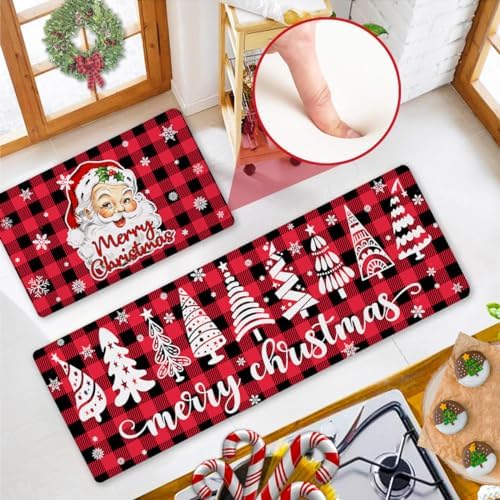 INFISIBLE Christmas Anti Fatigue Kitchen Rugs and Mats Set of 2, Red and Black Buffalo Plaid Kitchen Floor Mats Cushioned Non Slip Washable, Christmas Tree Kitchen Mat Santa Claus Xmas Decor