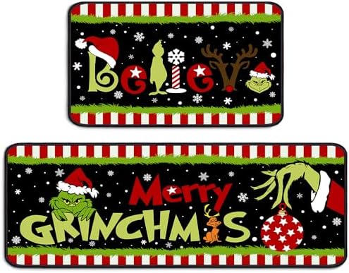 Ideasonna Believe Merry Grinchmas Kitchen Rugs Christmas Grinch Kitchen Mat Set of 2 Grinch Christmas Decor Decorations for Home Grinch Kitchen Decor