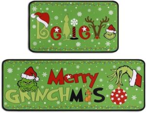 Ideasonna Christmas Grinch Kitchen Mat Decor Believe Merry Grinchmas Kitchen Rugs Sets of 2 Grinch Christmas Decor Decorations for Home