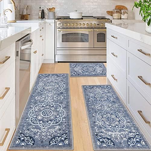 Ileading Boho Kitchen Rugs Sets 3 Piece with Runner Floral Kitchen Floor Mat Carpet Farmhouse Kitchen Rugs and Mats Non Skid Washable Runner Rug for Kitchen Floor Office Sink Laundry