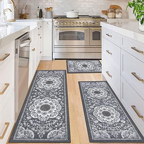 Ileading Boho Kitchen Rugs Sets 3 Piece with Runner Non Slip Kitchen Floor Mat Carpet Washable Bohemian Kitchen Runner Rug Set for Kitchen Hallway Laundry Room Door Office Sink