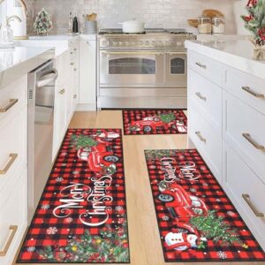 Ileading Buffalo Plaid Christmas Kitchen Rugs Set of 3 Xmas Tree Red Truck Kitchen Rugs and Mats Winter Snowman Floor Carpet Mat Non Slip Washable Farmhouse Area Rug for Xmas Party Home Kitchen Decor