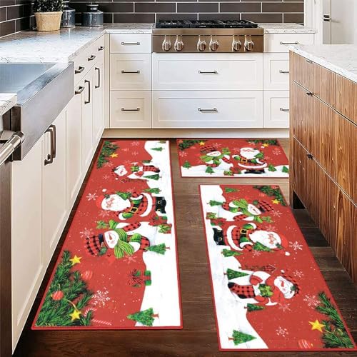 Ileading Christmas Kitchen Rugs Sets of 3 Piece Red Santa Claus and Snowman Kitchen Floor Mat Non Skid Washable Runner Rug for Winter Holiday Decor Farmhouse Carpet for Sink Laundry Hallway livingroom