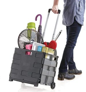 Inspired Living Ultra-Slim Rolling Collapsible Storage Pack-N-Roll Utility-carts, with Telescopic Handle, for Home, Garden, Shopping, Office, School use, Large, Grey & Black