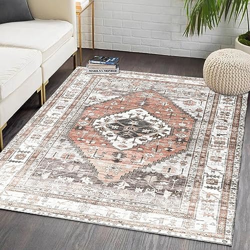 JHIQYVA Bohemian Indoor Area Rug,5x7 Feet Large Living Room Bedroom Rug,Vintage Entryway Kitchen Rug,Non-Slip and Non-Shedding Low Pile Easy to Clean Home Decor,Red-Brown