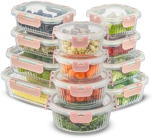 JoyJolt 24pc Fluted Glass Storage Containers with Lids. 12 Airtight, Freezer Safe Food Storage Containers, Pantry Kitchen Storage Containers, Glass Meal Prep Containers for Lunch