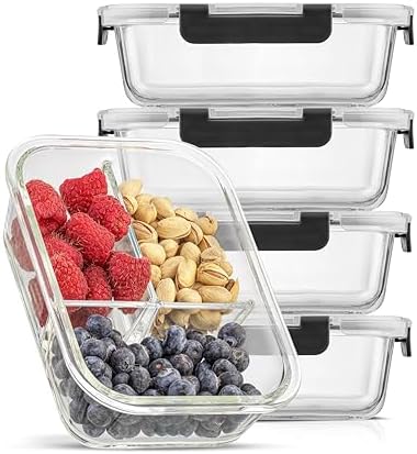 JoyJolt Divided Food Storage Containers with Lids Airtight. 5 Pack Glass Meal Prep Containers 3 Compartment Set Glass Bento Box. Reusable Food Containers, Portion Control Containers for Weight Loss