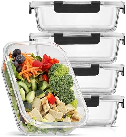 JoyJolt Glass Food Storage Containers with Lids. 5 Pack Glass Meal Prep Containers Reusable 35oz Single Compartment Airtight Container Set. Lunch Containers for Adults and Kitchen Storage Containers