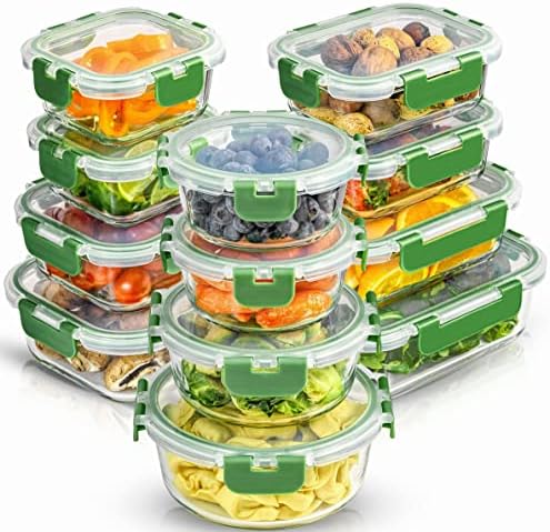 JoyJolt JoyFul 24pc Borosilicate Glass Storage Containers with Lids. 12 Airtight, Freezer Safe Food Storage Containers, Pantry Kitchen Storage Containers, Glass Meal Prep Container for Lunch