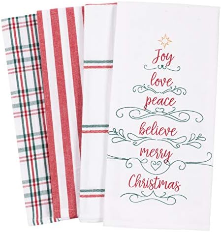 KAF Home Pantry Kitchen Holiday Dish Towel Set of 4, 100-Percent Cotton, 18 x 28-inch (Joy Love Peace Believe Merry Christmas Tree)