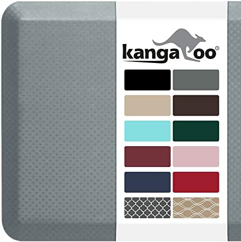 KANGAROO Thick Ergonomic Anti Fatigue Cushioned Kitchen Floor Mats, Standing Office Desk Mat, Waterproof Scratch Resistant Topside, Supportive All Day Comfort Padded Foam Rugs, 17x24, Gray